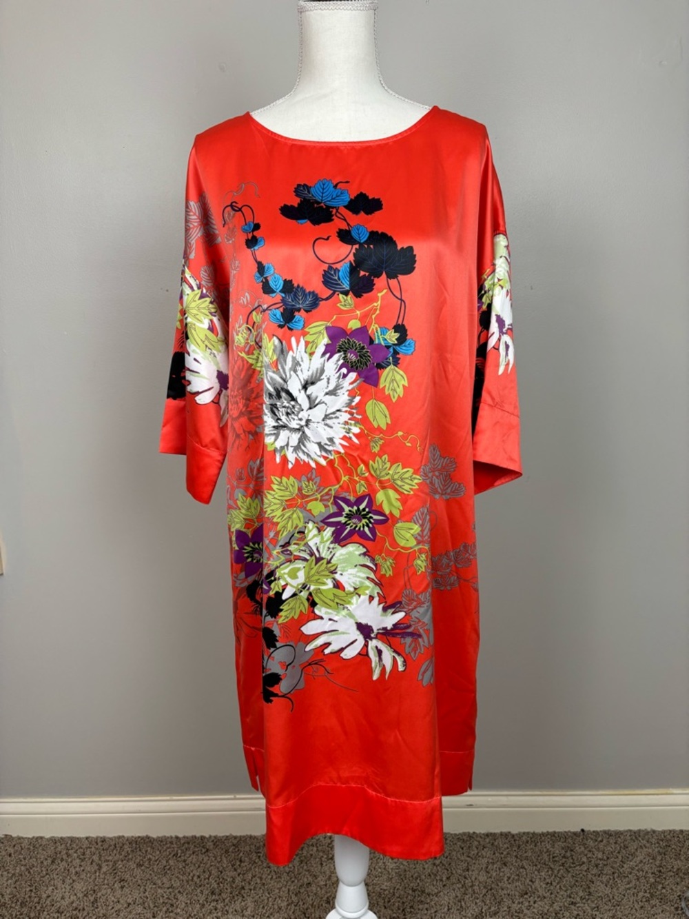 Soft Surroundings Dress Womens Med Orange Floral Kimono Polynesian Sateen Shift